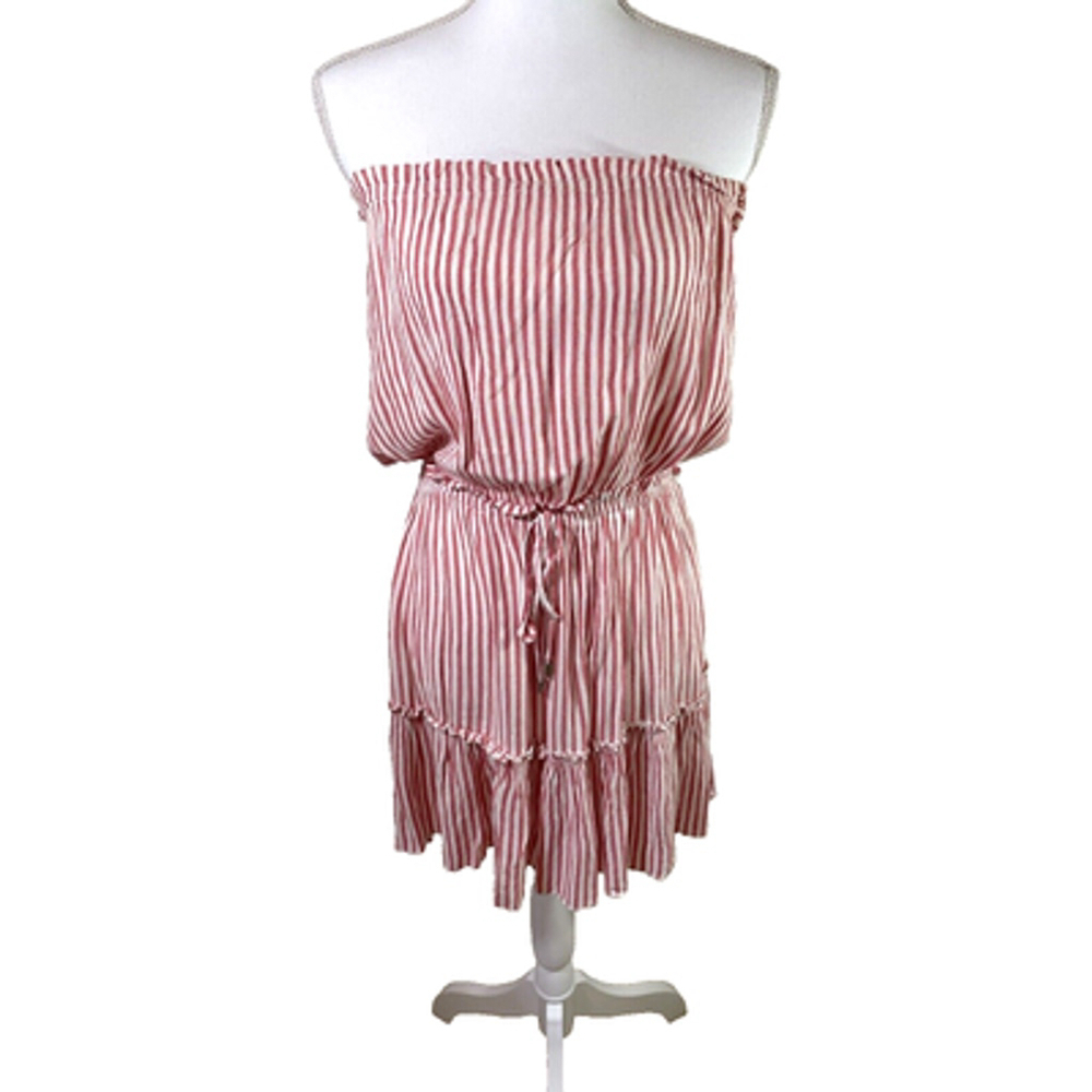 Elan Light Red Stripe Rayon Strapless Tiered Mini Dress Sz S